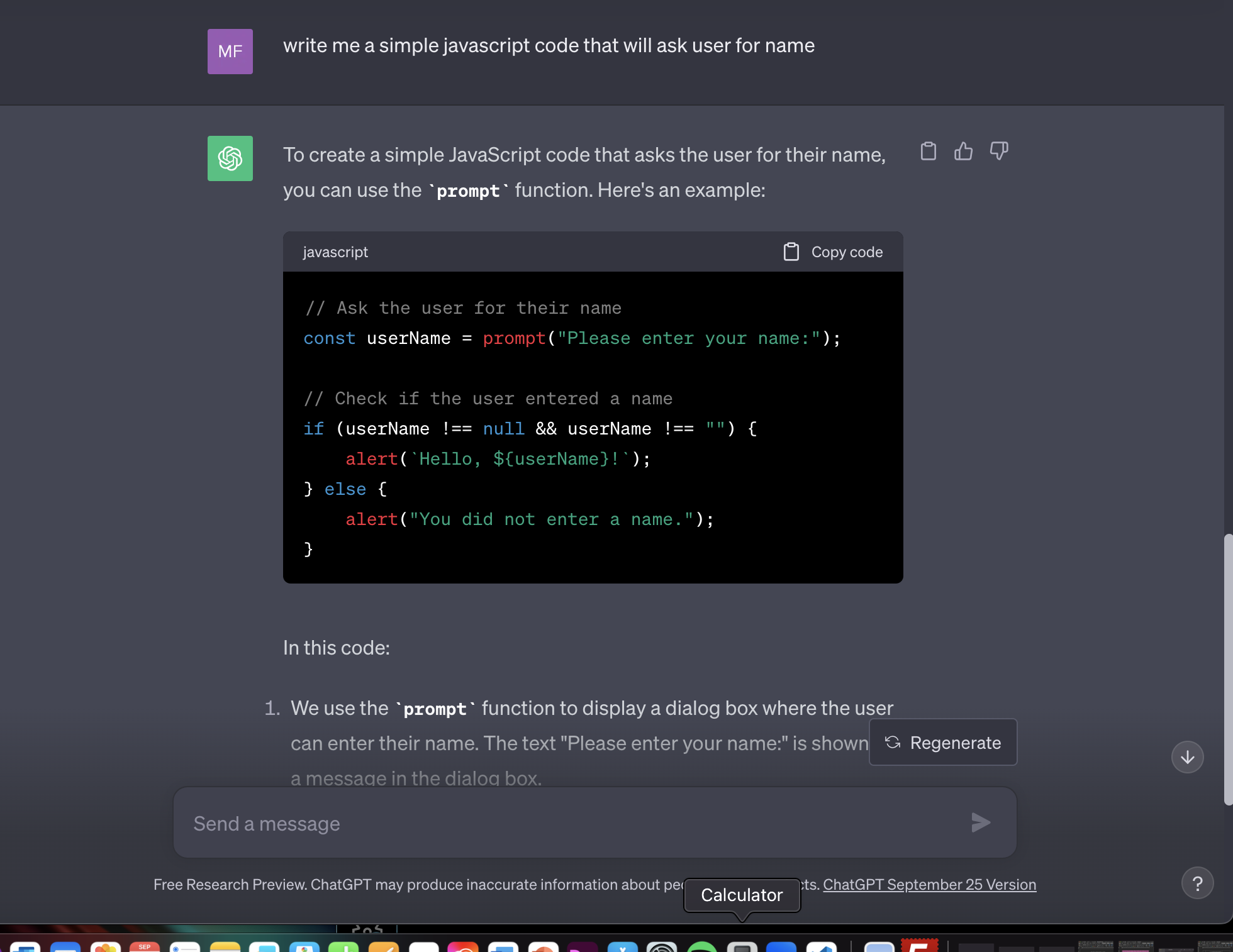 pic of asking chatGpt for script of user to enter name